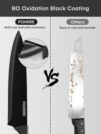 FOHERE 13-Piece Stainless Steel Knife Set with Block & Sharpener - Ergonomic Black Granite Handles