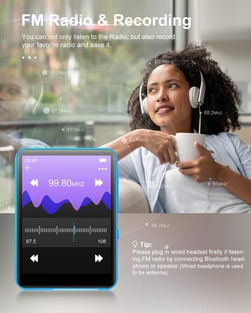 MP3 плеєр 64GB Bluetooth 5.3 HiFi з металевим корпусом, радіо FM, диктофон, сенсорний екран 2.4