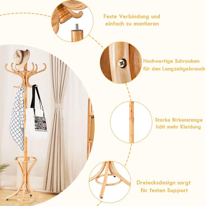 COSTWAY 184cm Wardrobe Rack with Umbrella Holder, Coat Rack with 12 Clothes Hooks, Clothes Rack made of Wood, Freestanding Wardrobe for Entryway, Living Room, and Bedroom (Natural)