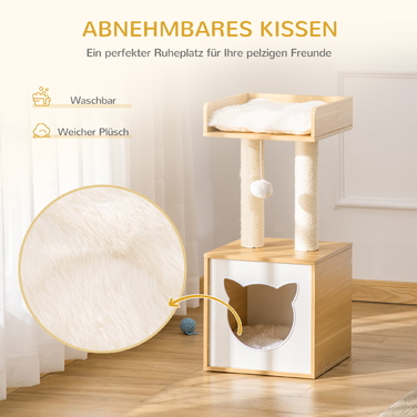 PawHut Cat Cave with Cat House & 2 Cushions, 2 Levels including Cat House, Toy with Ball, Cat Apartment, Sisal, Natural, 35 x 35 x 81 cm | Aosom