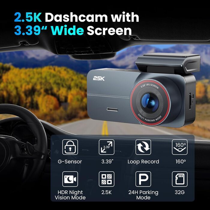 Відеореєстратор автомобільний двоканальний 2.5K QHD Dashcam Auto Vorne Hinten з нічною зйомкою, картою 64GB та паркувальним режимом