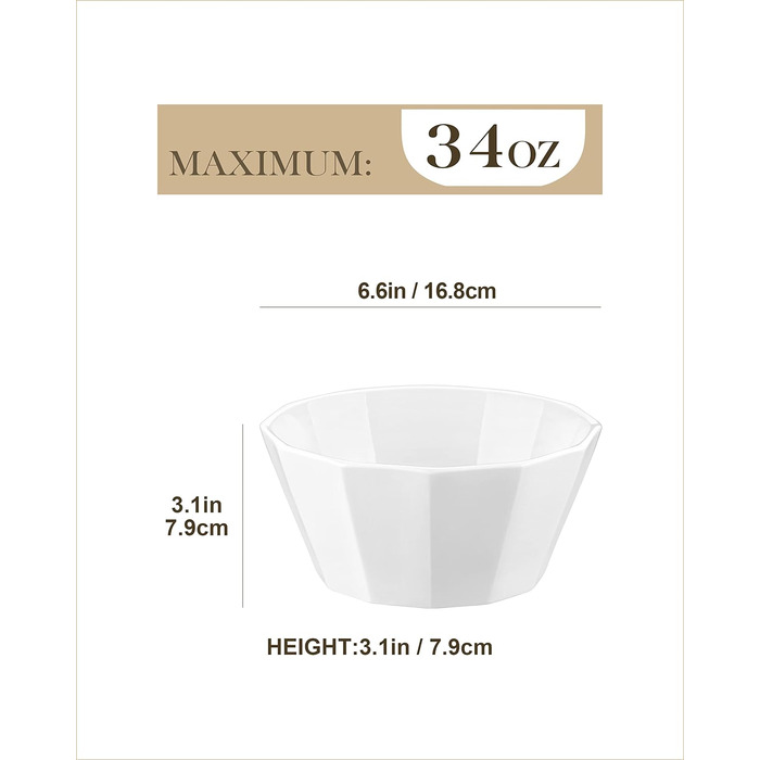 Набір мисок MALACASA Serie Regular (4 шт.) – 800 мл, 1020 мл, кераміка, для мюслі, супу, рамен (білий)