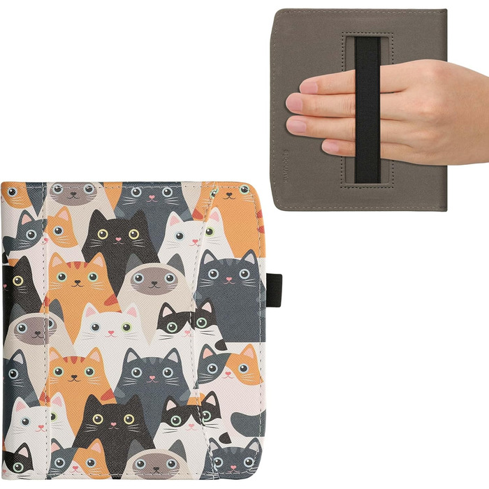 Чохол-книжка kwmobile для Pocketbook Era/Era Color з кишенею та лямкою - з зображенням жінки, що читає, чорно-бежевий (коти)