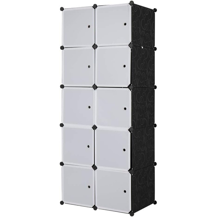 Regal system, 10 cubes, plastic wardrobe with doors, modular cabinet for space-saving storage, 70 x 45 x 175 cm, white door & black cabinet, for storing clothes, shoes, etc.