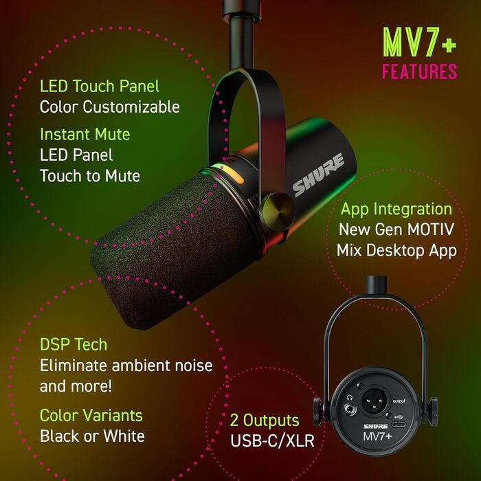 Shure MV7+ Повний комплект для подкастингу: USB/XLR мікрофон, LED-сенсор, автоматичне регулювання, цифровий поп-фільтр, ефекти реверберації - Білий