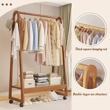 Rolling Garment Rack, Coat Rack, Open Wooden Wardrobe, Wooden Clothes Rail with Blue, Bamboo, Multifunctional, Freestanding, Stable, for Entryway, Living Room and Office (50CM, B)