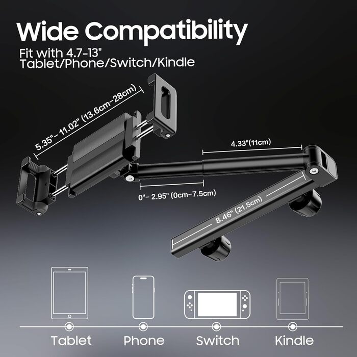 Тримач для планшета в авто FINTIE - універсальний, поворотний на 360°, висувний, для iPad, Samsung Tab, смартфонів, Kindle, Switch (4.7-13 дюймів)