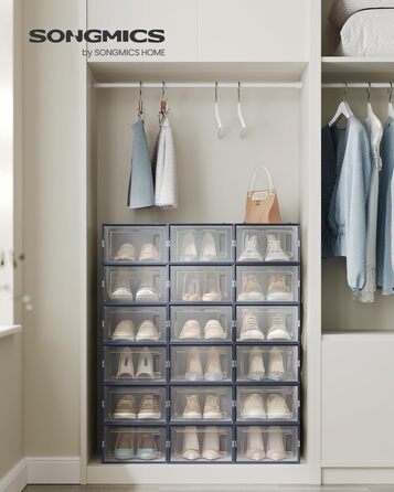 SONGMICS Shoe Boxes, 18-Piece Set, Plastic Shoe Organizer, Foldable and Stackable, for Shoes up to Size 44, Transparent-White LSP18SWT (Transparent + Anthracite Blue, 18-Piece Set for Shoes up to Size 44)