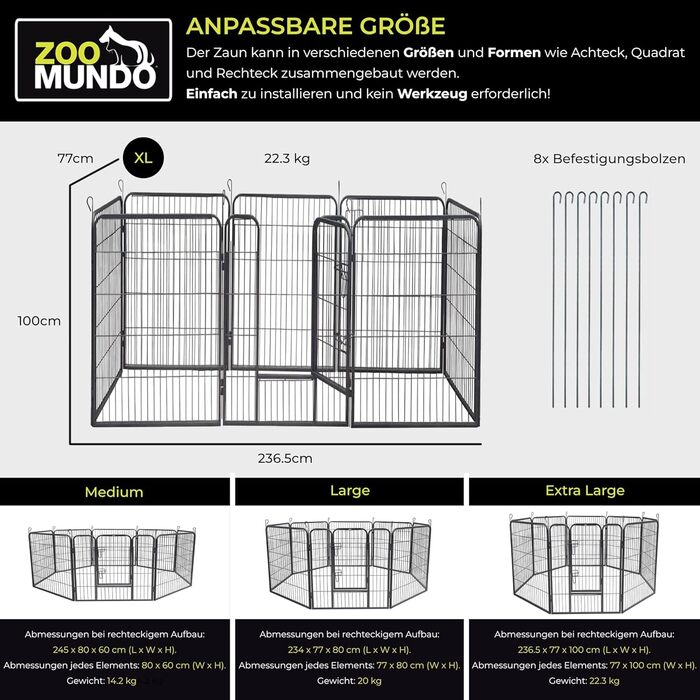Zoomundo Забіг для цуценят 100см, XL: забіг для тварин, клітка, огорожа, загін для цуценят - Black Edition