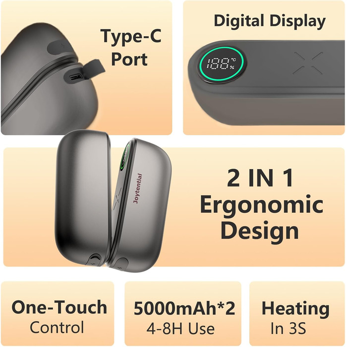 Електричний грієчка для рук та кишеньковий грієчка 10000mAh 2-в-1. Магнітний, 3 режими нагріву. Для активного відпочинку, кемпінгу, подарунок. Металевий сірий.
