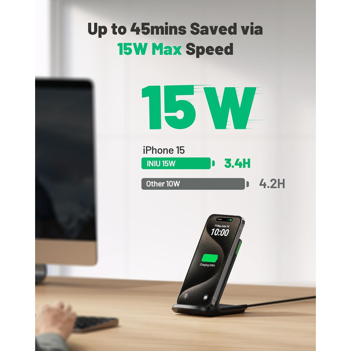 Бездротовий зарядний пристрій INIU 15W для iPhone та Samsung Galaxy – Qi сертифікат, чорний