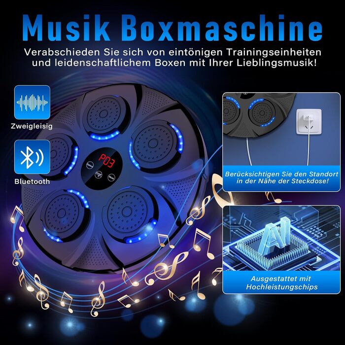 Music Boxing Machine with Bluetooth - Adjustable Speed Punching Bag for Adults & Kids - Punching Bag Trainer with Counter & Music