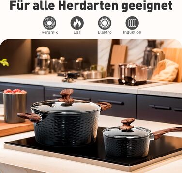 Набір кухонного посуду Kitchen Academy з антипригарним гранітним покриттям, 15 предметів: каструлі, сковороди з кришками, для індукційних плит, чорний колір