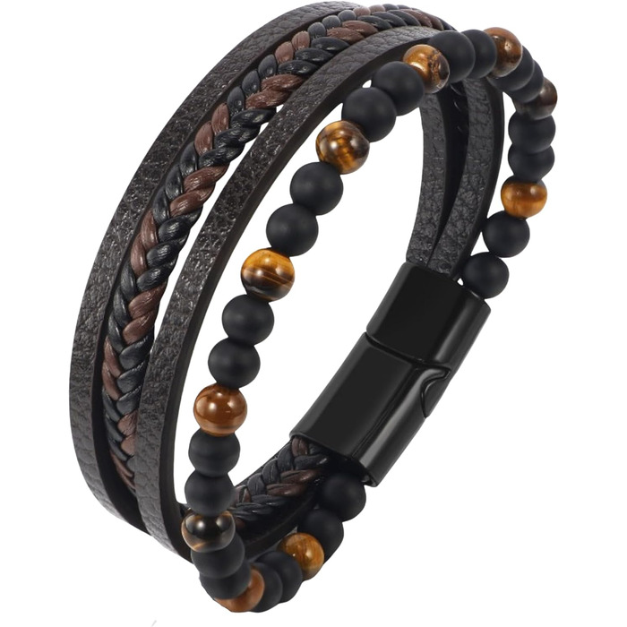 Чоловічий браслет з натуральної шкіри, плетіння ручної роботи. Браслет для чоловіків зі сталевою застібкою, шкіряний браслет з телячої шкіри, широкий браслет з магнітною застібкою, браслет з тигровим оком (21 см)