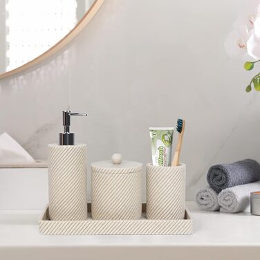 Bathroom Accessory Set, 4-Piece, Lotion Soap Dispenser, Toothbrush Holder, Qtip Holder, Vanity Tray for Decoration, Bathroom, Countertop, Vanity Organizer, Beige