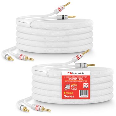 Акустичний кабель Nakamichi 12AWG з банановими роз'ємами 24K, безкиснева мідь (OFC), у білому обплетенні, CL2 сертифікований, 4.5м (комплект 2 шт)