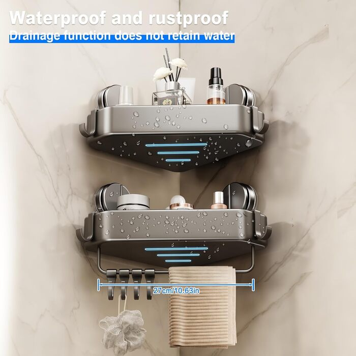 Поличка для душу без свердління, кутова поличка для ванної кімнати з присосками, корзина для душу з тримачем для рушників та знімними гачками (2 шт., сіра)