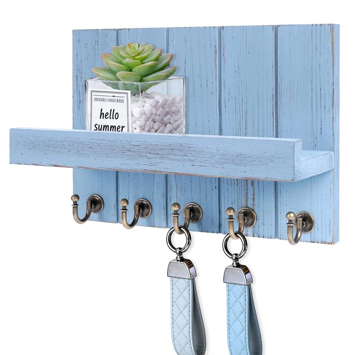 Дерев'яне ключниця з поличкою, 5 гачків, для прихожої, спальні, вітальні (Блакитний)