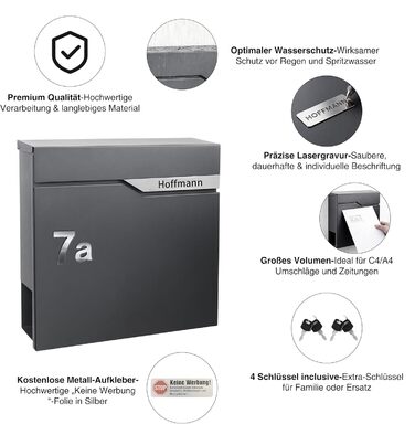 Поштовий ящик Zedelmaier з газетницею Anthrazit RAL 7016: Персоналізований настінний поштовий ящик з нержавіючою табличкою та 3D номером будинку, сучасний, стійкий до погодних умов, подвійне порошкове покриття