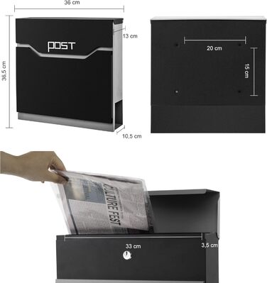 Поштова скринька Arebos сучасного дизайну настінна, з газетницею, чорна - стійка до погодних умов, з ключами та кріпленням