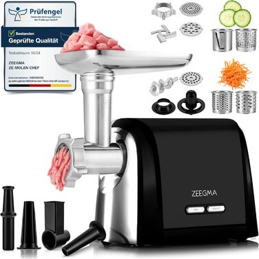 ZEEGMA Electric Meat Grinder - 1900W, Stainless Steel Plates, 3kg/min, Sausage Maker, Kubbe, Chopping, Dicing, REV Function, Accessory Kit