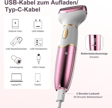 Електричний жіночий тример 4-в-1 з цифровим дисплеєм – для обличчя, ніг, під пахвами та інтимної зони, водонепроникний IPX7, USB-зарядка, рожевий