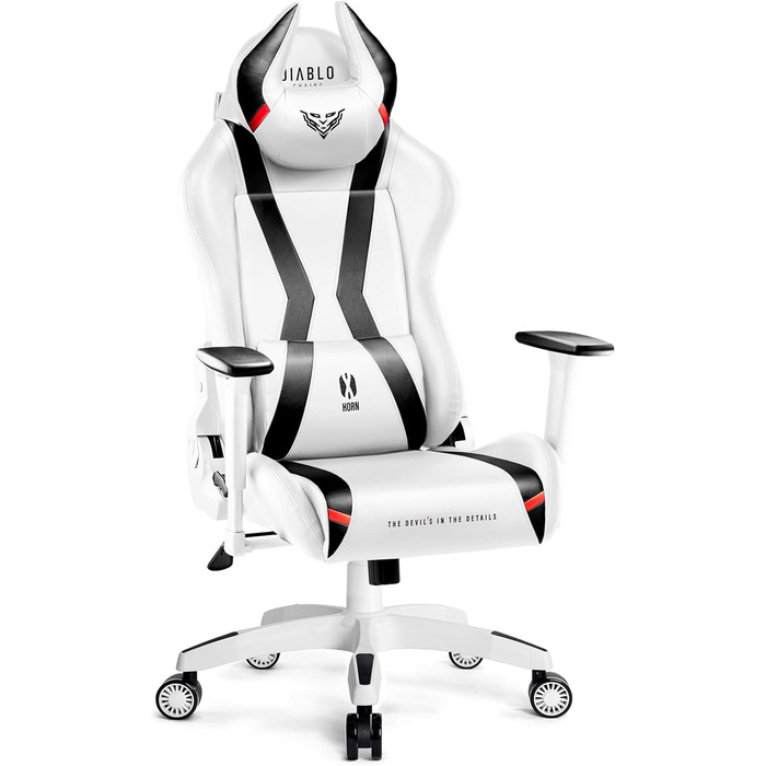 Ігрове крісло Diablo X-Horn 2.0 King (XL), біле, ергономічне, 3D підлокітники, офісне, з подушками для шиї та попереку, екошкіра, гойдалка