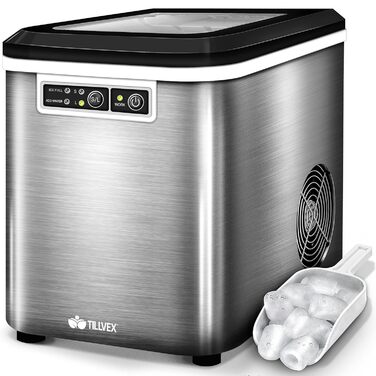 Tillvex Stainless Steel Ice Maker - 12kg Capacity, 24-Hour Production | 2.2L Water Tank, LED Display, Self-Cleaning Function | 2 Ice Cube Sizes