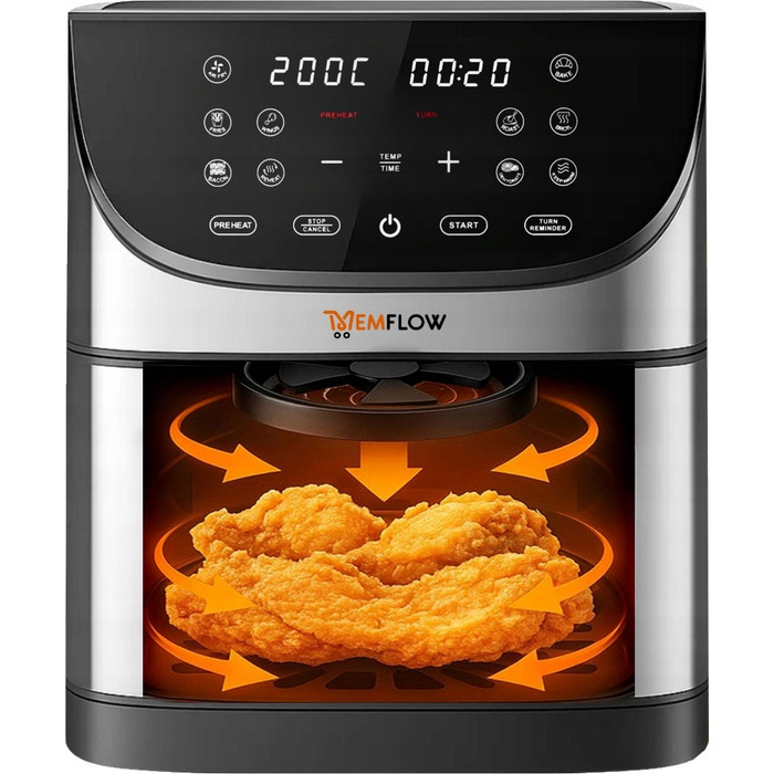 Аерофритюрниця MEMFLOW 8л, 1800 Вт, 14 програм, сенсорне керування, срібляста