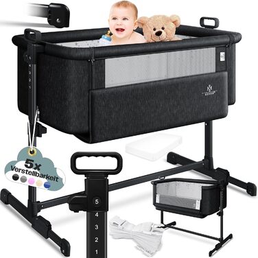 KESSER® Hubi 3in1 Delivery Bed, Baby Bedside Bed, Travel Bed, Baby Bed with Soft Mattress, Mobile Bed with Wheels, 5-Level Height Adjustment, Foldable Side Rail for Home and On the Go, Beige
