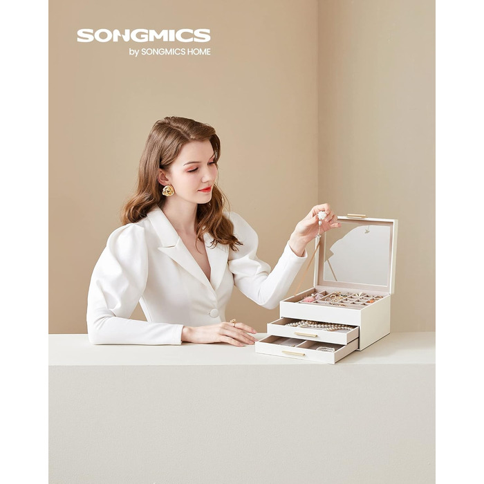 SONGMICS Скринниця для прикрас, ящик для прикрас з 3 рівнями, скринька для прикрас зі скляною кришкою, 2 висувні ящики, органайзер для прикрас, багато місця для зберігання, сучасний дизайн, подарунок для коханих, хмарно-білий + золотий, JBC239WT