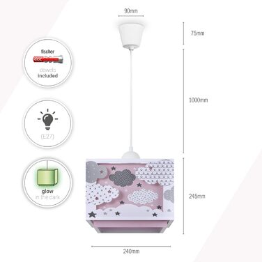 Paco Home Pendant Lamp Children's Room Ceiling Lamp Chandelier Lampshade Fabric E27 Lion Jungle Glow-in-the-Dark (Clouds, Pink)