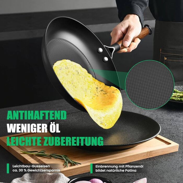 Чавунна сковорода YUTANN 28 см, для індукції, газу, електроплити, з антипригарним покриттям, без PFAS/PFOA, чорна