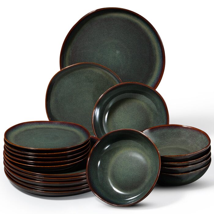 Набір посуду на 6 осіб Onader, 18 предметів: тарілки для сніданку, десерту та обіду, стегонна посуд, мікрохвильова піч, реагуючий мох зелений