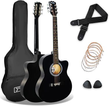 Акустична гітара 3rd Avenue 4/4 з вирізом, для початківців – набір з чохлом, ремінком, медіатором та запасними струнами. Безкоштовні уроки на 6 місяців. Колір: Натуральний (Чорний).