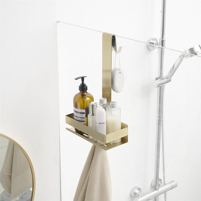 Kelelife Shower Shelf for Hanging, Gold Shower Shelf No Drilling, Stainless Steel Shower Shelf with Hooks for Frameless Glass Door, Shampoo Holder for Shower