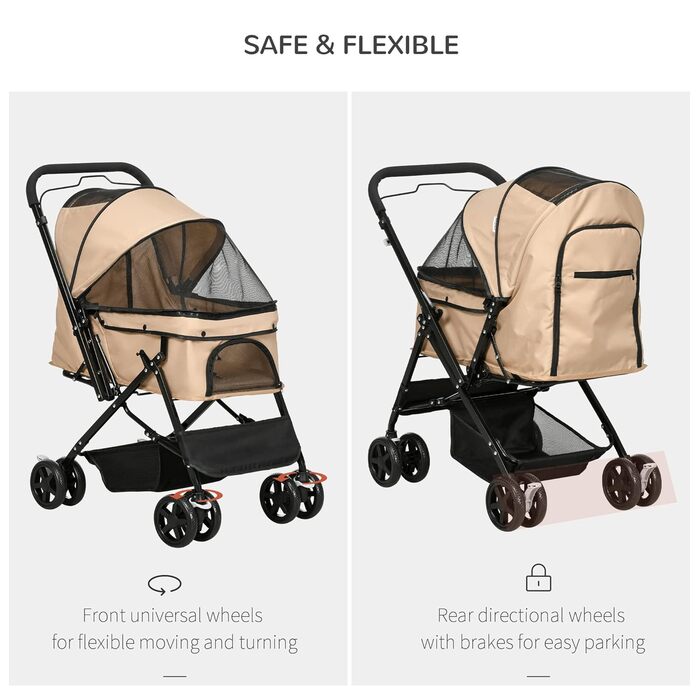 PawHut Будь-куди: Візок для собак і котів, Pet Stroller, коричневий, 76,5 x 52 x 95 см