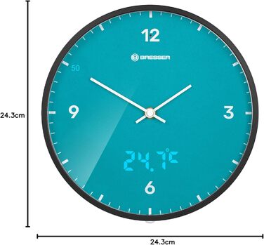Bresser MyTime Radio-Controlled Wall Clock without Ticking Sounds, 24 cm Dial, LED Second Display, Indoor Temperature, and Silent Radio Movement, (Sky Blue)