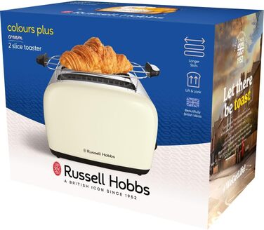 Тостер Russell Hobbs Colours Plus, 2 скибки, нержавіюча сталь, кремовий, широкі відсіки, підставка для булочок, 6 режимів підсмажування, функція розморожування, Lift & Look, 1600 Вт