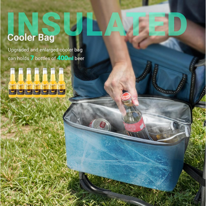 Кемпінговий стілець OVERMONT складний з бічним столиком та охолоджувальною сумкою, до 180 кг - блакитно-сірий