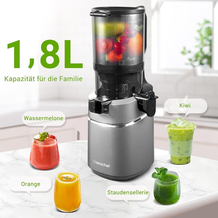 AMZCHEF 250W Automatic All-in-One Juicer, 135MM Opening and 1.8L Juicer for Vegetables and Fruits, Slow Juicer Winner with Triple Filter - Grey