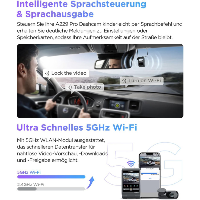 VIOFO A229 Pro 4K + 2K Dual STARVIS відеореєстратор для авто, HDR, GPS, Wi-Fi, голосове керування, нічне бачення 2.0, підтримка до 512GB