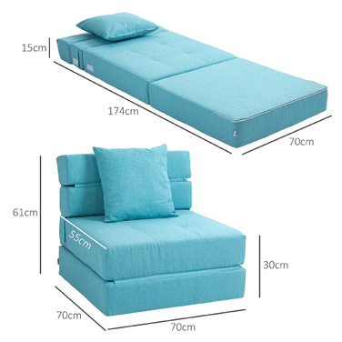 HOMCOM Folding Sleeper Chair 2-in-1 Folding Chair with Bed Function Recliner Chair with Pillow Guest Bed with a Load Capacity of up to 100 kg Blue