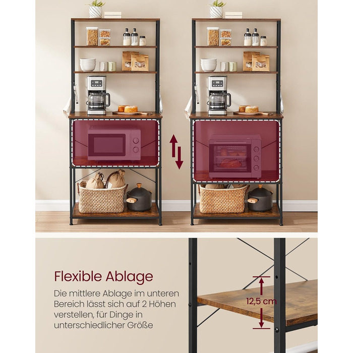 Стелаж кухонний VASAGLE з розетками, 6 полиць, гачки, сталевий каркас, 40x60x167 см, золотий дуб + білий