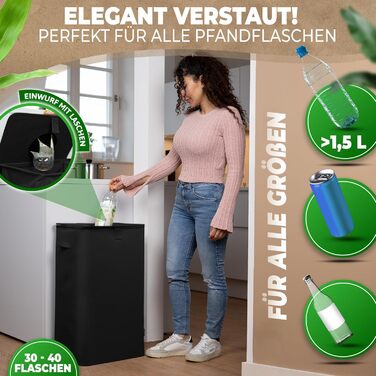 Deposit bottle collection container with lid and carrying bag | Deposit container with drop-in opening | Ideal bottle organizer for collecting deposits, bottle collector, empty container for kitchen - black