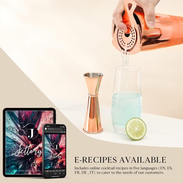 Boston Shaker Set - 4-Piece Cocktail Shaker Kit with 18/28 oz Boston Shaker Stainless Steel, Strainer, and Jigger, in a Stylish Gift Box - Ideal for Home Bar Use. (Rose Gold)