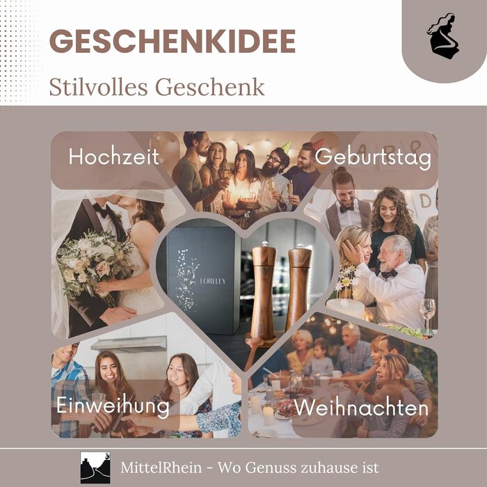 Дерев'яна мельниця для солі та перцю LORELEY® Mittelrhein Germany з керамічним жорном – з підставкою та пензлем – подарункова упаковка. Ідеальний подарунок на весілля або новосілля (Luxury Holz)