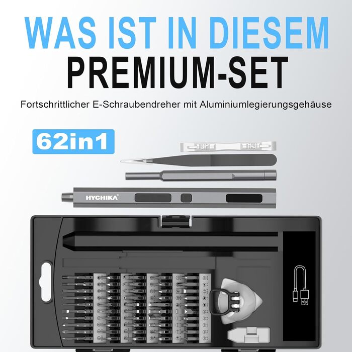 Електричний прецизійний викрутковий набір HYCHIKA 62-в-1 для ремонту електроніки: телефонів, планшетів, Xbox, камер, годинників