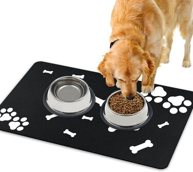 Килимок для годування домашніх тварин, надпоглинувач, для собак та котів, з антиковзким гумовим дном, швидковисихаючий, можна прати, 40 x 60 см, 2 пари малюнків лап, чистий чорний кістяний візерунок
