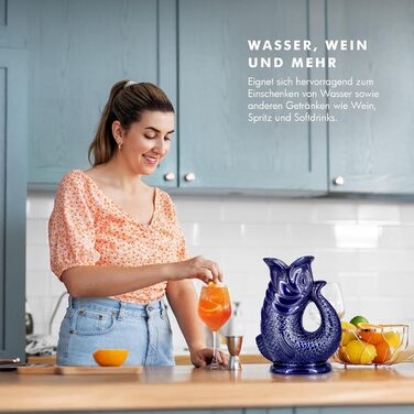 Water Carafe Ceramic Pitcher in Fish Shape - 1.5 L, Dark Blue - Fish Carafe with Gurgling Sound for Fun Pouring of Water, Wine & More - Bubble Jug Carafe Fish - Fish Pitcher